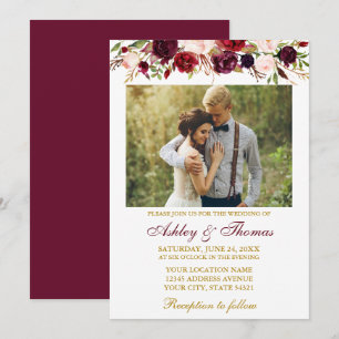 Convite Casamento Dourado de Fotos da Burgundy Watercolor