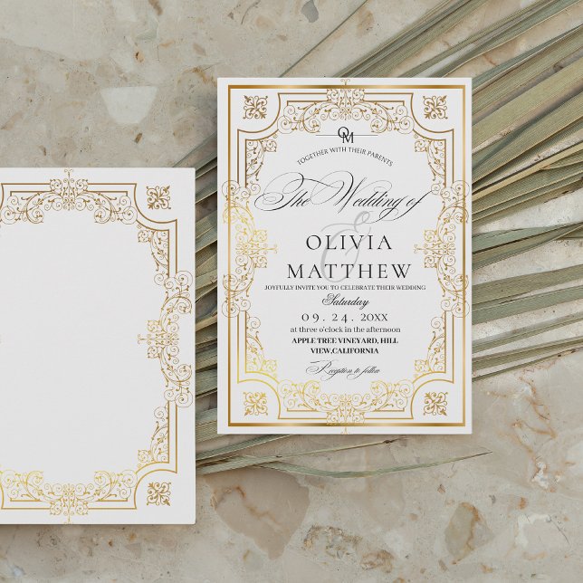 Convite Casamento Dourado de Fotos Elegante Preto e Branco (Criador carregado)