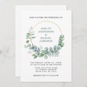Convite Casamento Dourado de Fotos Eucalyptus Verde
