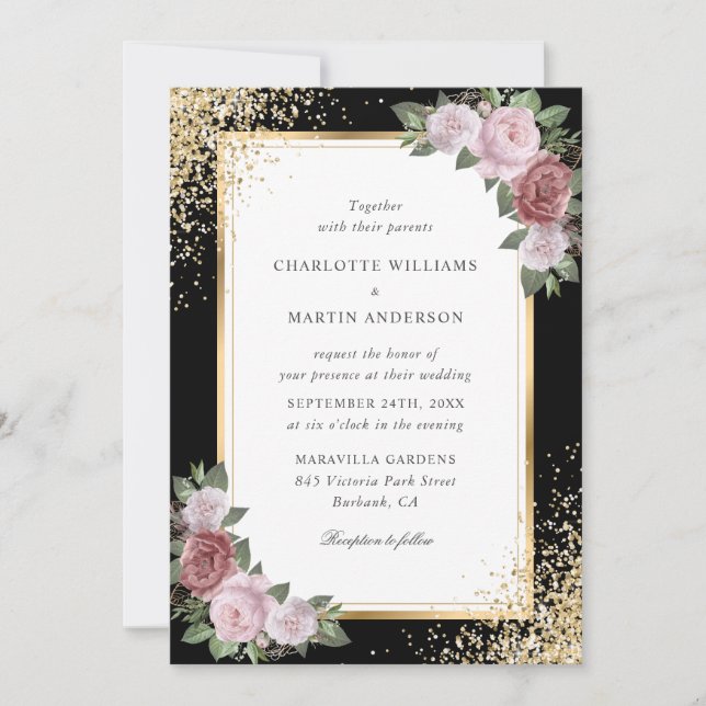 Convite Casamento Dourado de Frame Negro Confetti Floral (Frente)