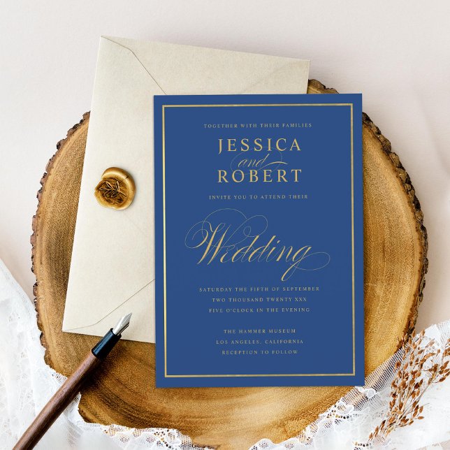 Convite Casamento Dourado de Fronteira Elegante Marinho Es (Criador carregado)