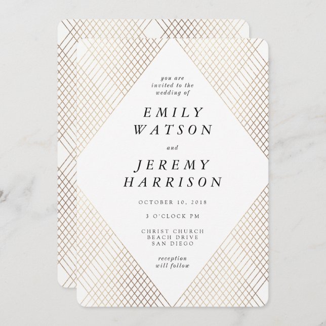 Convite Casamento Dourado de Gatsby com Deco Geométrico de (Frente/Verso)