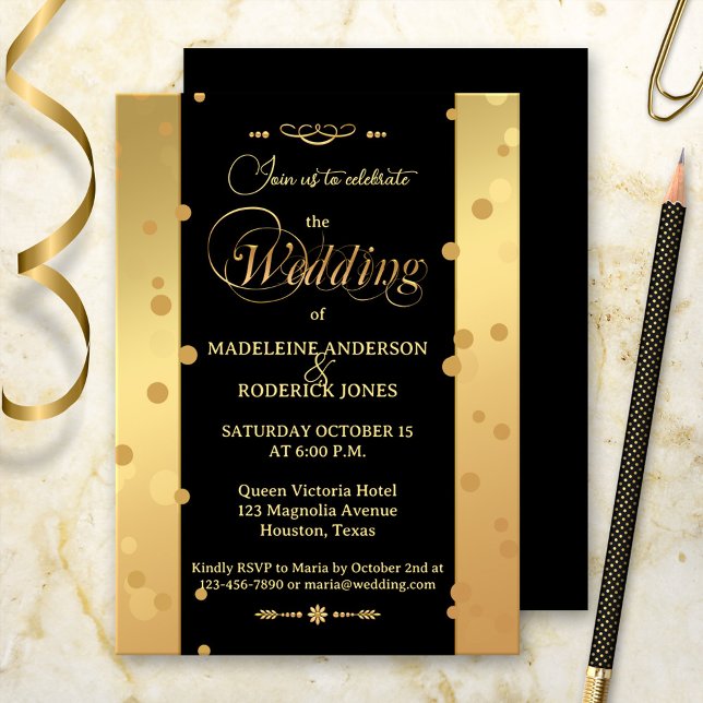 Convite Casamento Dourado de Glam Confetti Preto (A stylish wedding invitation in gold and black with festive confetti sparkles)