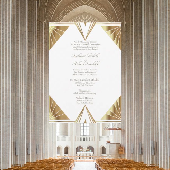 Convite Casamento Dourado de Glam de Casamento Branco (Criador carregado)