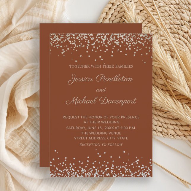 Convite Casamento Dourado de Glitter Terracotta Elegante M (Terracotta wedding invitation with elegant script)