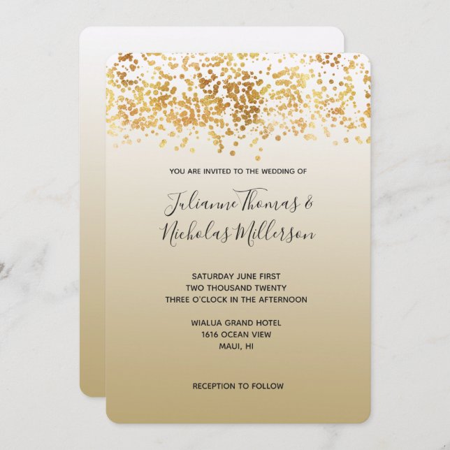 Convite Casamento Dourado de Glitzy Confetti Ombre (Frente/Verso)