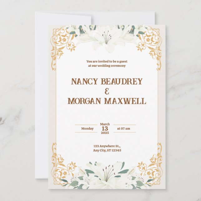 Convite Casamento Dourado de Ilustração de Aquarela Floral (Frente)