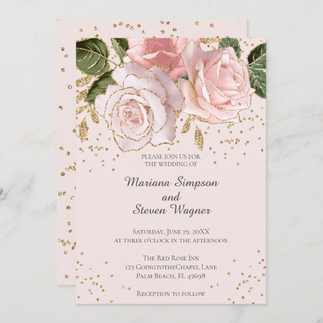 Convite Casamento Dourado de Largura Floral com Aquarela R (Frente/Verso)