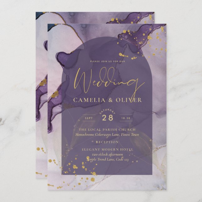 Convite Casamento Dourado de Lavanda Roxo de Mente de Tint (Frente/Verso)