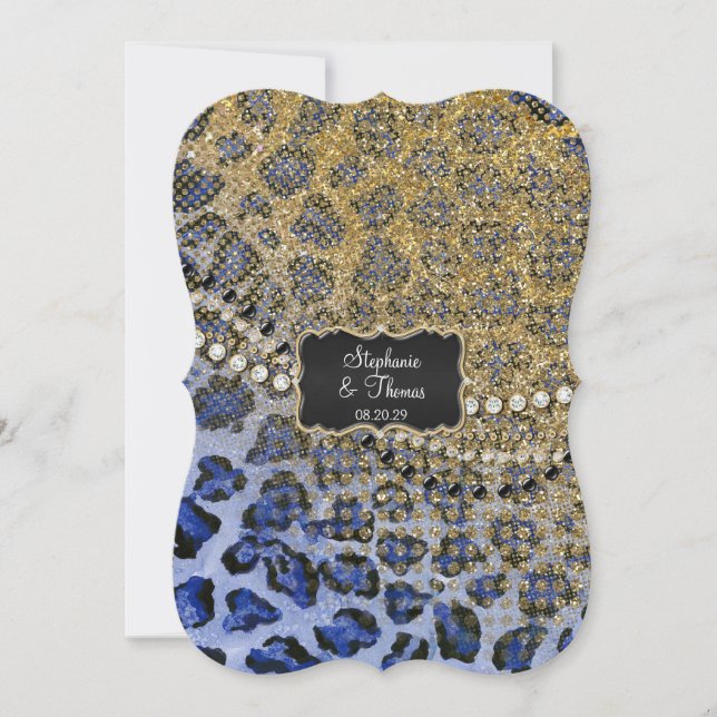 Convite Casamento Dourado de Leopardo Azul com Impressão L (Frente)