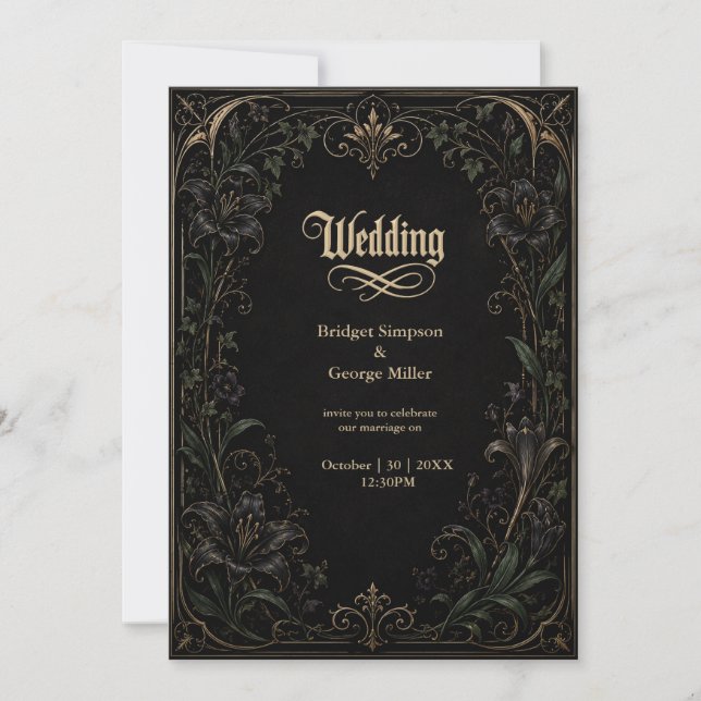Convite Casamento Dourado de Lírio Murcha Gótica Medieval  (Frente)