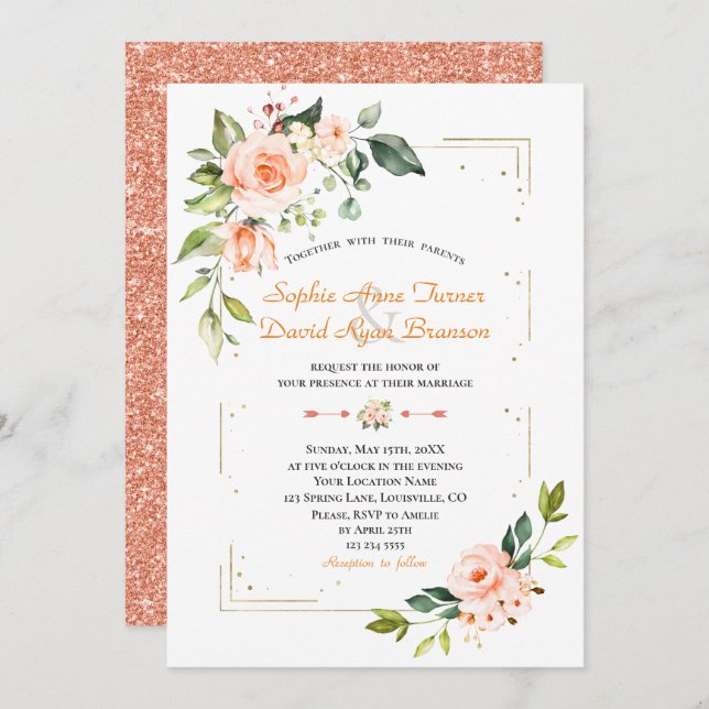 Convite Casamento Dourado de Lúpulo de Coral Floral (Frente/Verso)