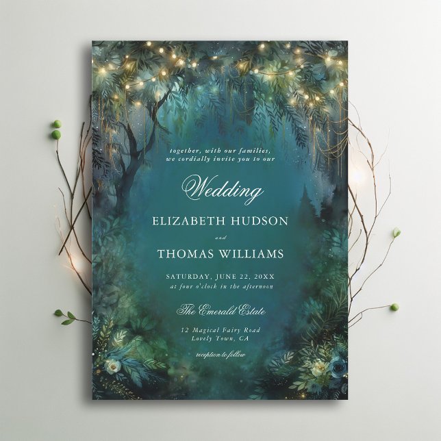 Convite Casamento Dourado de Luz de Fada de Floresta Encan (enchanted forest woodland wedding invitation emerald green gold magical bespoke romantic)