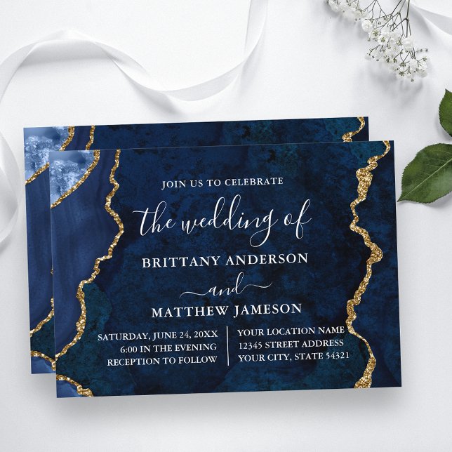 Convite Casamento Dourado de Marble Azul de Aquarela (Customize to change text size, text style or to add more text to back of card.)