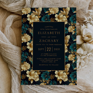 Convite Casamento Dourado de marfim negro com Teal Floral 