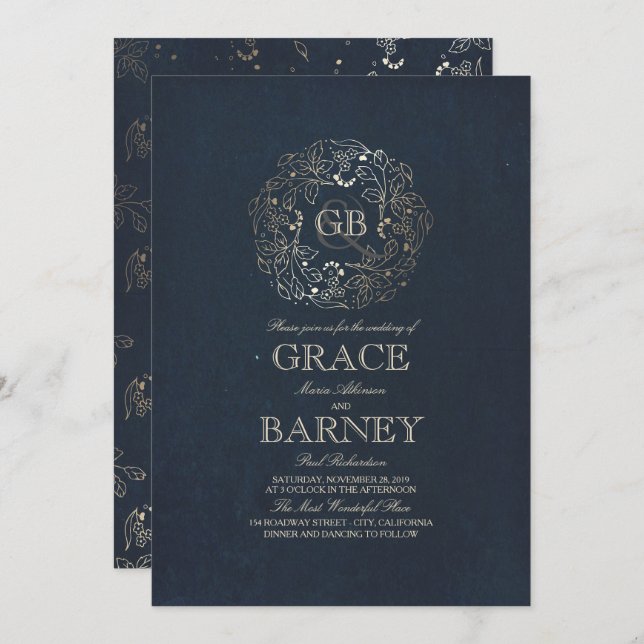 Convite Casamento Dourado de Marinho Floral Monograma (Frente/Verso)