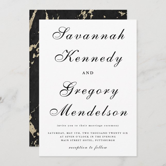 Convite Casamento Dourado de mármore clássico e legante Fa (Frente/Verso)