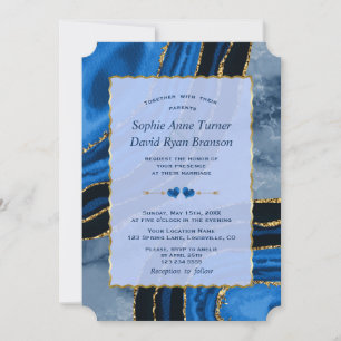 Convite Casamento Dourado de mármore com agata azul-Marinh