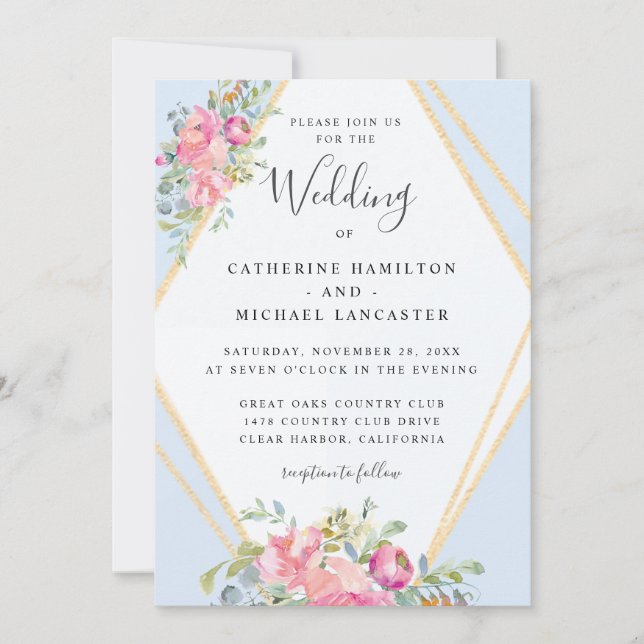 Convite Casamento Dourado de Mola Floral Cor de Água, Cor  (Frente)
