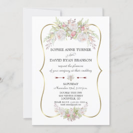 Convite Casamento Dourado de Molduras Brancas Elegantes