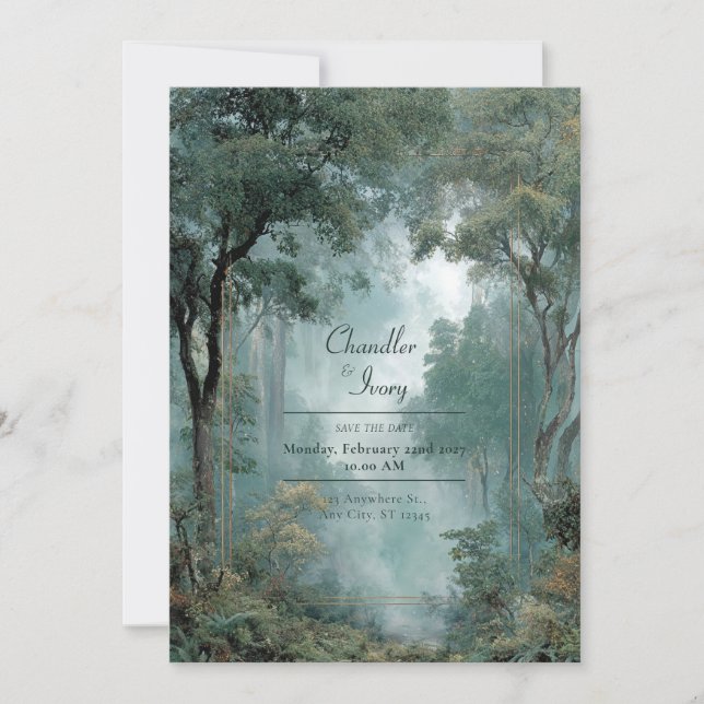 Convite Casamento Dourado de Molody Misty Forest (Frente)
