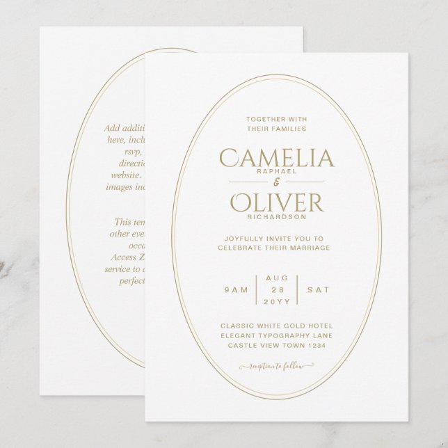 Convite Casamento Dourado de MONOCROME Clássico Elegante (Frente/Verso)