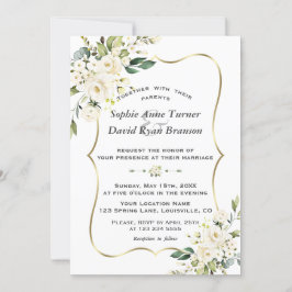 Convite Casamento Dourado de Monograma com Flores Brancas 