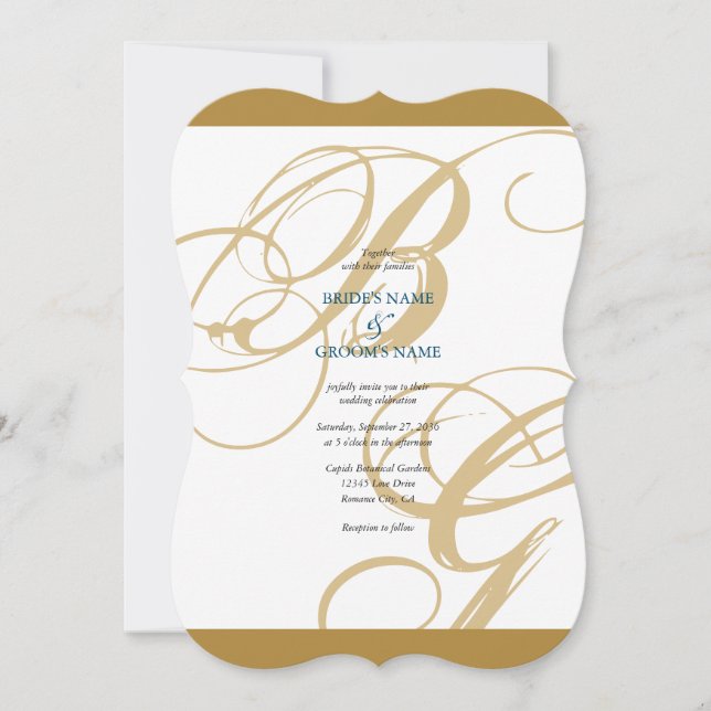 Convite Casamento Dourado de Monograma de Script Elegante  (Frente)