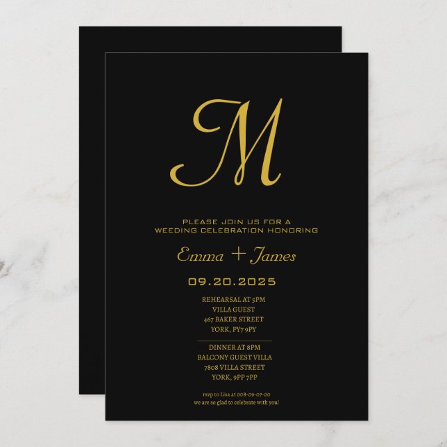 Convite Casamento Dourado de Monograma de Script Minimalis (Frente/Verso)