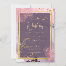 Convite Casamento Dourado de Múrpura Roxo de Lavanda LeahG