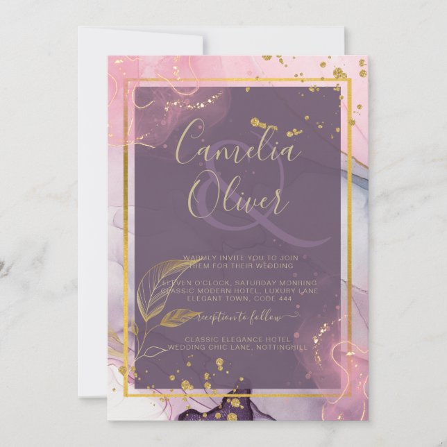 Convite Casamento Dourado de Múrpura Roxo de Lavanda LeahG (Frente)