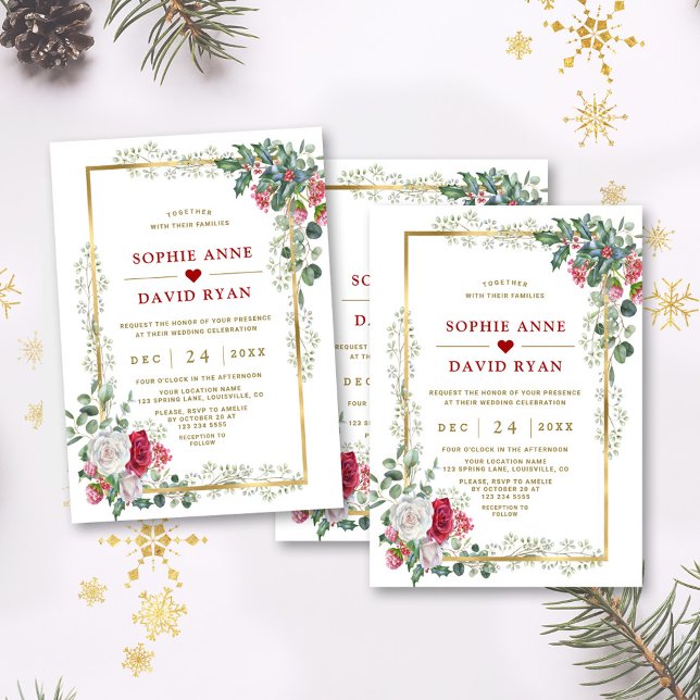 Convite Casamento Dourado de Natal encantador com vermelho (winter red white flowers wedding invite, christmas arrangement wedding invitation)