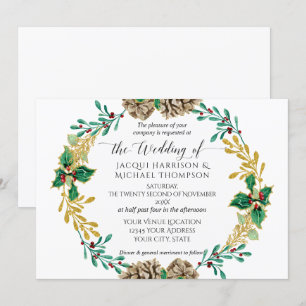 Convite Casamento Dourado de Natal Pine Cone Greenery