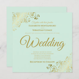 Convite Casamento Dourado de Neo Mint Green Elegant Square