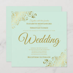 Convite Casamento Dourado de Neo Mint Green Elegant Square