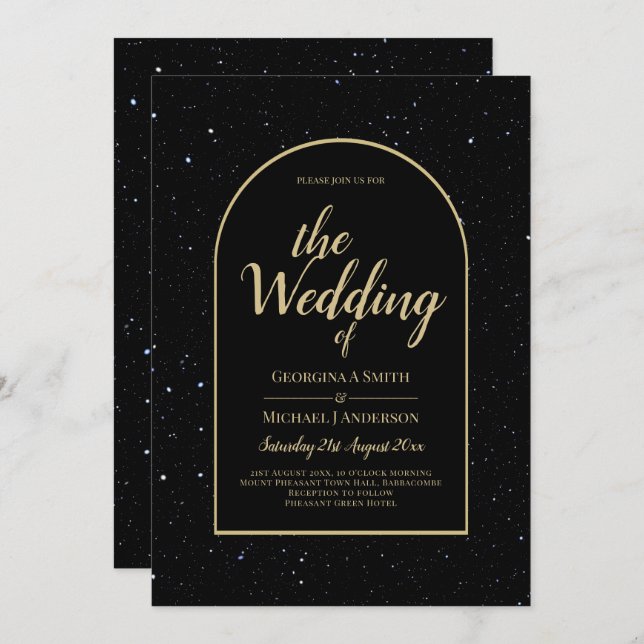 Convite Casamento DOURADO de Noite Estelar Mística Negra (Frente/Verso)