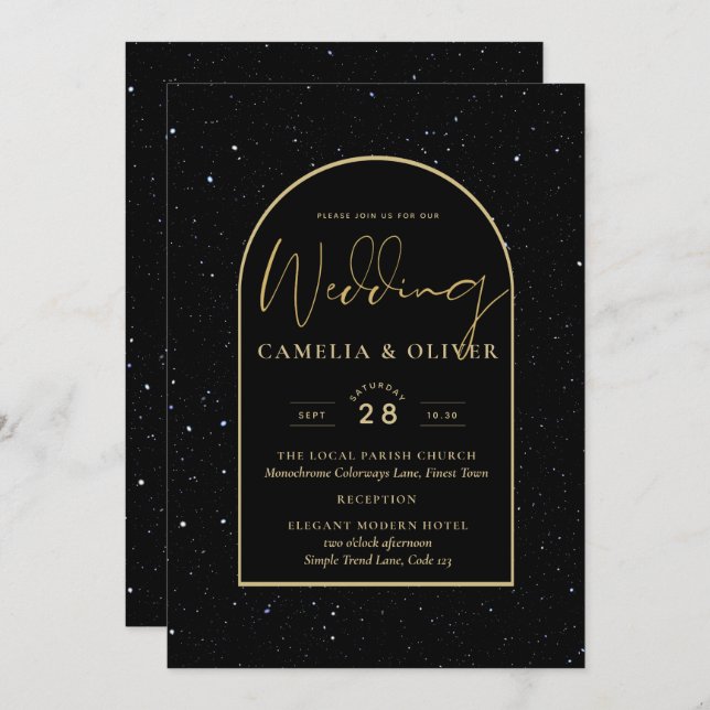 Convite Casamento DOURADO de Noite Estelar Mística Negra (Frente/Verso)