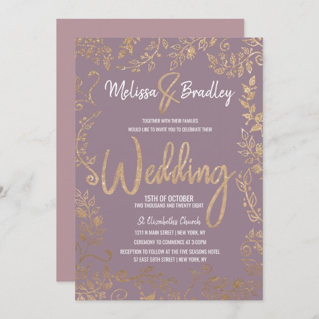 Convite Casamento Dourado de Ombre Mauve Lilac (Frente/Verso)