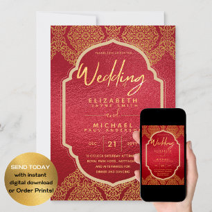 Convite Casamento Dourado de Ornamentado Vermelho Elegante