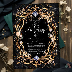 Convite Casamento Dourado de ornamentados e Ouros Negros