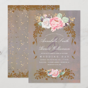 Convite Casamento Dourado de Parênteses Floral de Verão 