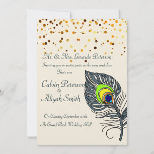 Convite Casamento Dourado de Penas de Peacock Confetti
