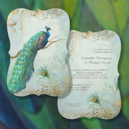Convite Casamento Dourado de Penas Elegante Aqua Azul