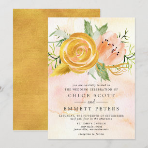 Convite Casamento Dourado de Peony Floral Rosa-Blush-Rosa