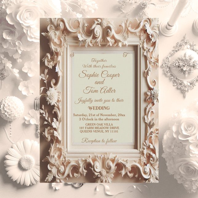 Convite Casamento Dourado de Pessegueira de Opulência Barr (Elegant Baroque Opulence Peach Gold Frame Wedding Invitation)