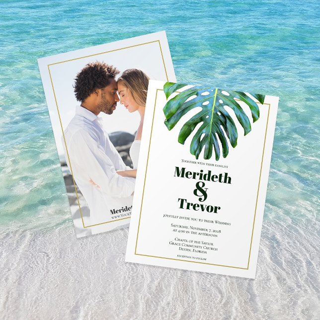 Convite Casamento Dourado de Photo Beach com Folha Tropica (Criador carregado)