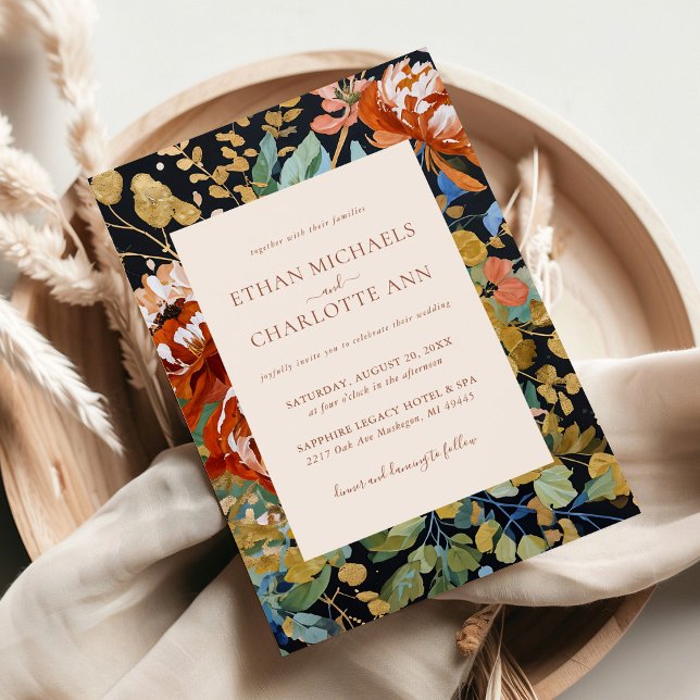 Convite Casamento Dourado de Pintura Floral de Peonia Lara (Criador carregado)