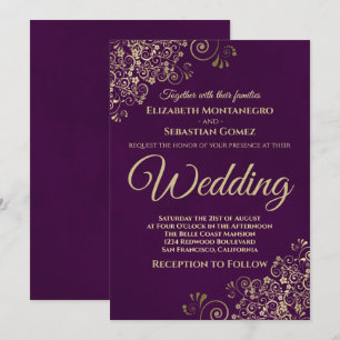 Convite Casamento Dourado de Púrpura de Plum Simples Chic