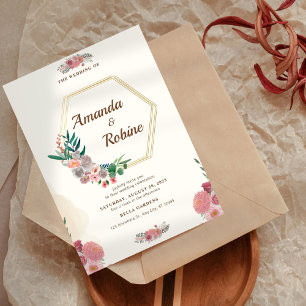 Convite Casamento Dourado de Quadro do Hexágono Floral Ele