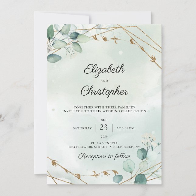 Convite Casamento Dourado de Quadro Eucalyptus Foliage (Frente)